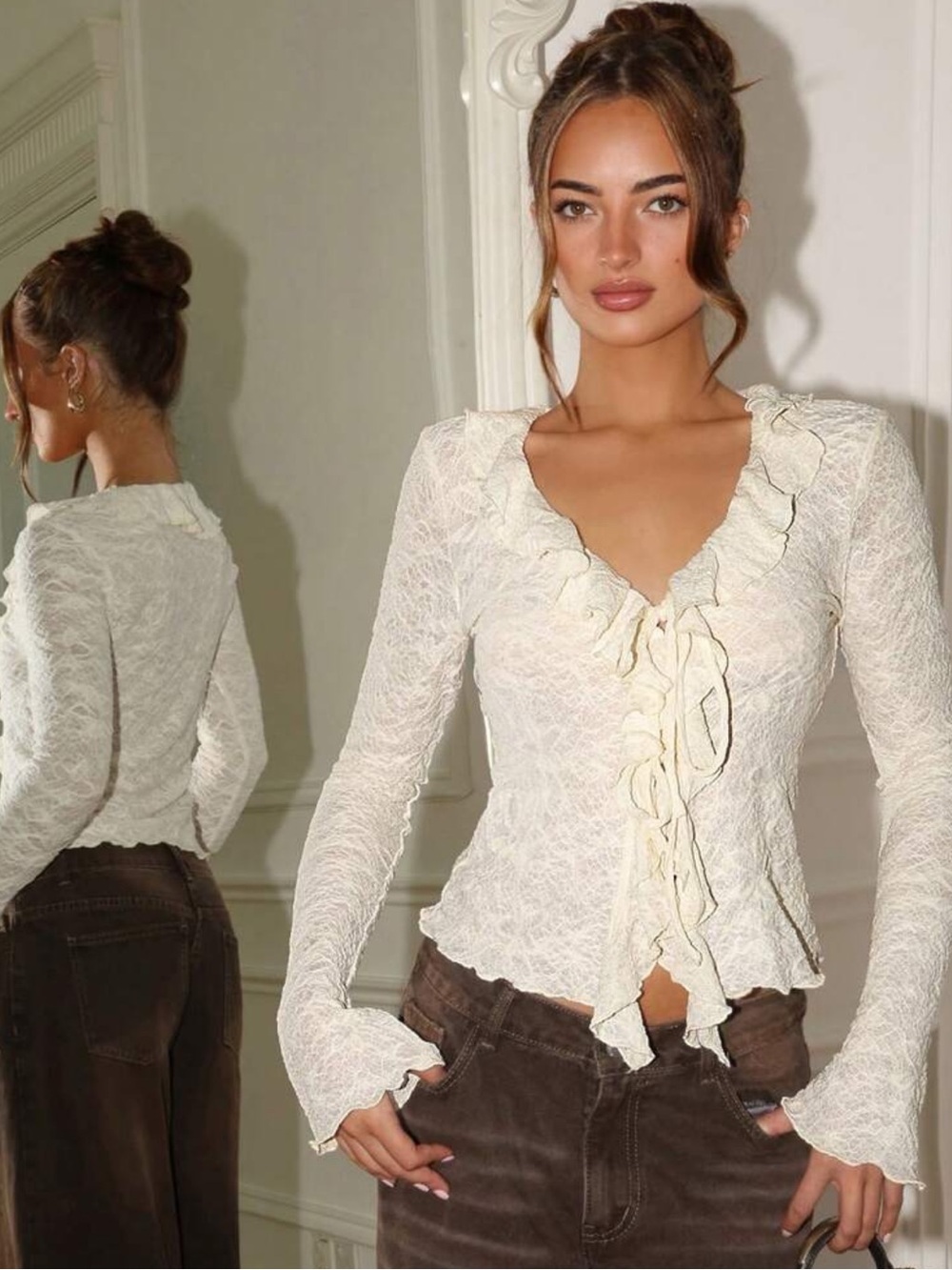 Glamine Sexy Deep V-Neck Ruffle Trim Tie Front Bow Knit Thin Cardigan, Apricot